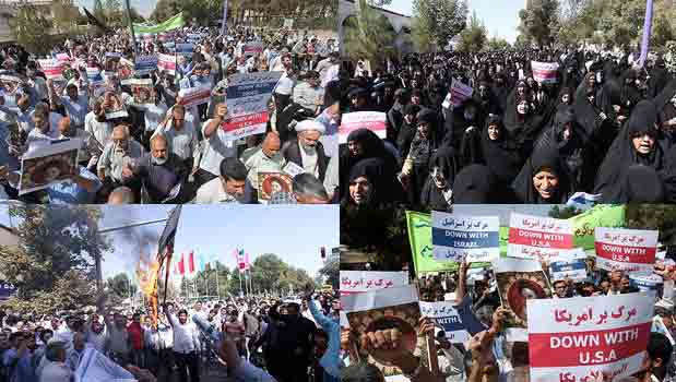نمازگزاران جمعه سراسر ایران در اعتراض به ساخت فیلم آمریکایی ـ صهیونیستی توهین به ساحت نورانی پیامبر عظیم الشان اسلام (ص) راهپیمایی کردند .