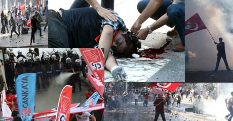 حدود پنج هزار تظاهرکننده شنبه شب با سنگ به دفتر رجب طیب اردوغان نخست وزیر ترکیه در شهر استانبول حمله کردند که براثر آن دست‌کم هفت نیروی پلیس زخمی شدند .