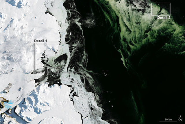 در تصویر ماهواره‌ای جدید گرفته شده از قاره قطب جنوب، یخ‌های شناور سبز رنگ شگفت انگیزی دیده می‌شود.

